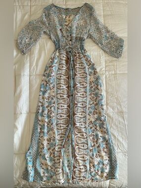 Boho V-Neck Floral Maxi Dress in Blue and Brown
